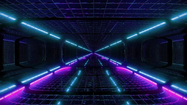 未来幻想科幻线框隧道大楼3D渲染墙纸背景设计 未来科幻线框走廊灯火通明 — 图库照片