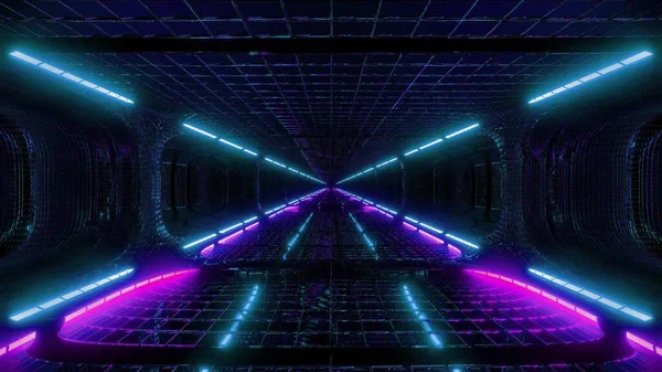 未来のファンタジーScifiワイヤーフレームトンネルの建物3Dレンダリング壁紙の背景デザイン 将来のSci Fiワイヤーフレーム廊下素敵な輝く光と — ストック写真