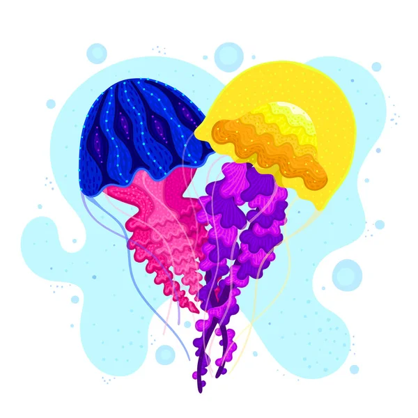 心臓の形をしたベクトルクラゲ 海のメデューサ カラフルな海洋生物 水中生物だ ウォーターパークや水族館の属性のためのデザイン カード カバー ポスターの印刷 シール ラベル — ストック写真