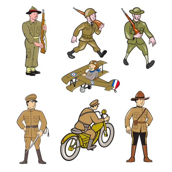 漫画のキャラクターのマスコットスタイルのイラストのセットやコレクション第一次世界大戦のような1つの軍の兵士隔離された白い背景にイギリス アメリカ フランス 日本軍 — ストック写真