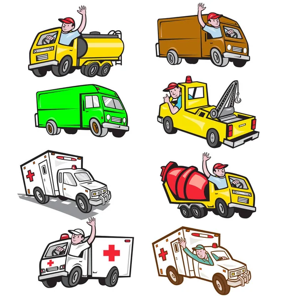 Zestaw Lub Kolekcja Postaci Kreskówki Maskotka Stylu Ilustracja Kierowcy Ciężarówki — Zdjęcie stockowe