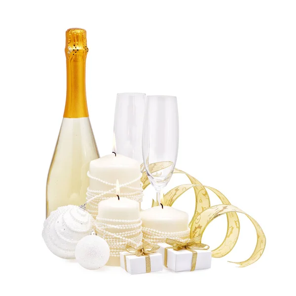 Christmas New Year Still Life Two Empty Champagne Flutes Champagne — Stock Photo, Image