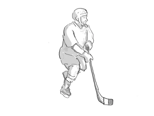 在动作中的冰球运动员的卡通风格图以黑白复古的孤立的白色背景为背景 — 图库照片