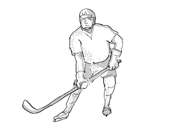 Cartoon style illustration of an ice hockey player in action pose on isolated white background done in retro black and white.