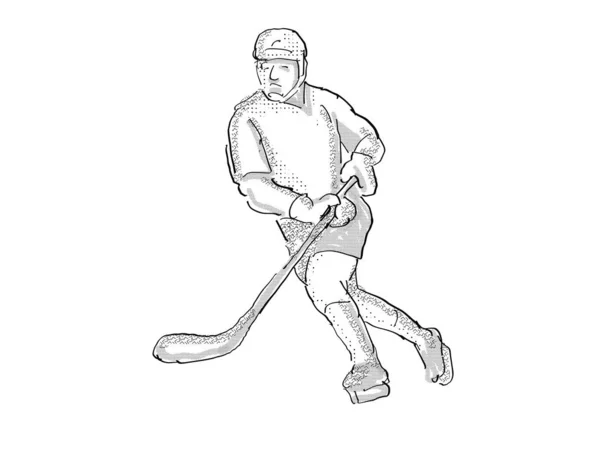 在动作中的冰球运动员的卡通风格图以黑白复古的孤立的白色背景为背景 — 图库照片