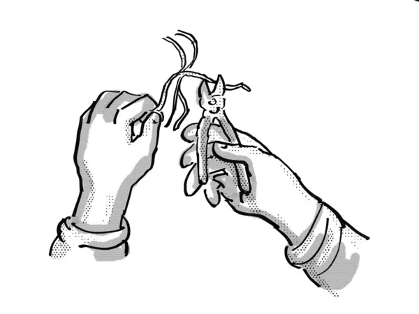 Ретро Мультиплікаційний Стиль Малюнок Електричної Руки Плоскогубцями Ріжуть Електричний Дріт — стокове фото