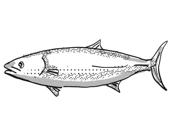 用黑白相间的白色背景从侧面看新西兰本土海洋生物物种金鱼的复古卡通画 — 图库照片