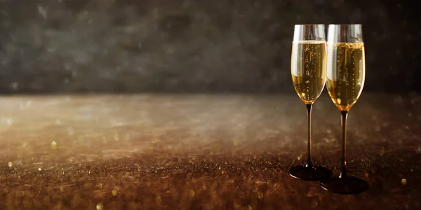 Due Bicchieri Con Champagne Vecchio Piatto Pietra — Foto Stock
