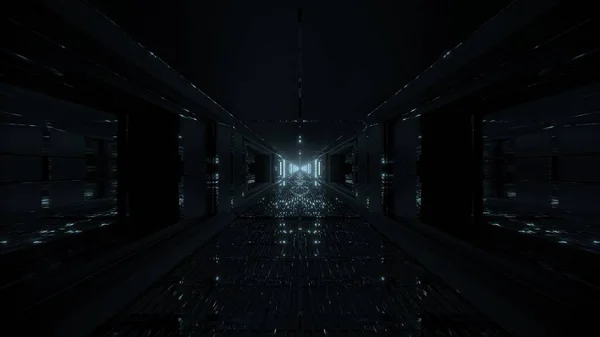 带有大量精美反光的未来派发光科幻隧道走廊3D插图墙纸背景 未来派现代科幻设计3D渲染 — 图库照片