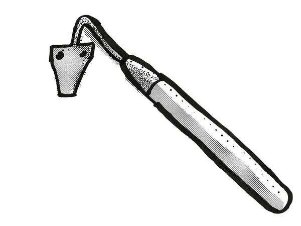 Retro cartoon style drawing of an Amish sickle bar garden hoe, a garden or gardening tool equipment on isolated white background done in black and white