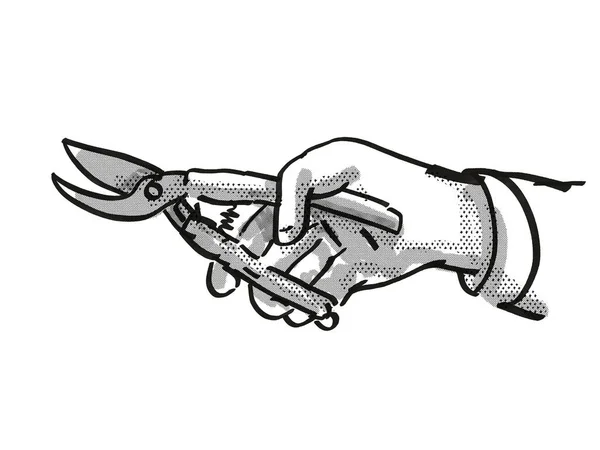 复古卡通画一种手握切割机 花园或园艺工具的手绘复古卡通画 以黑白相间的白色背景制作 — 图库照片
