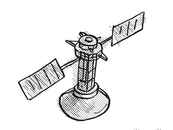 黒と白の半トーンドットで行われた隔離された白い背景にヴィンテージ宇宙探査機や宇宙衛星のレトロな漫画スタイルの描画 — ストック写真