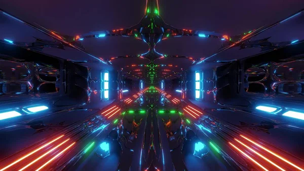 未来主义科幻外星隧道建筑3D渲染墙纸背景 现代科幻空间走廊3D插图 — 图库照片