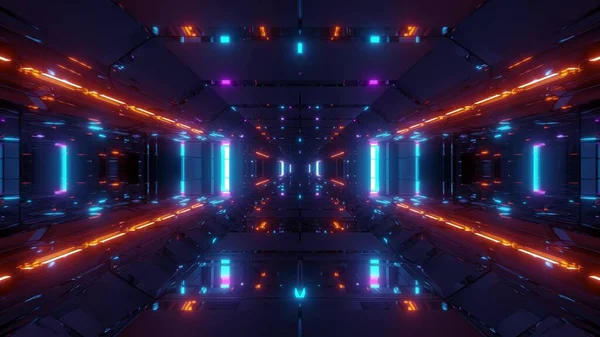 科幻小说现代科幻小说建筑 带有漂亮灯光的未来科幻小说空间机库3D插图墙纸背景 — 图库照片