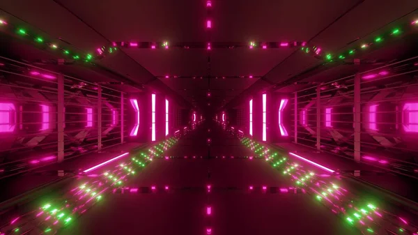 具有良好反光的前瞻性科幻隧道走廊3D插图墙纸背景 具有线框笼3D渲染的未来走廊 — 图库照片