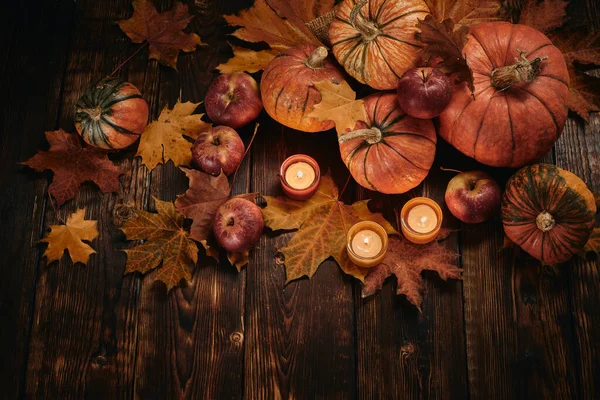 Herfst Oogst Pompoenen Bladeren Noten Pompoen Kastanjes Dankzegging Eten Vallen — Stockfoto