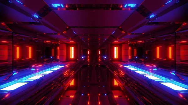 Futuristic Space Hangar Tunnel Corridor Cool Reflections Glass Bottom Rendering — Stock Photo, Image