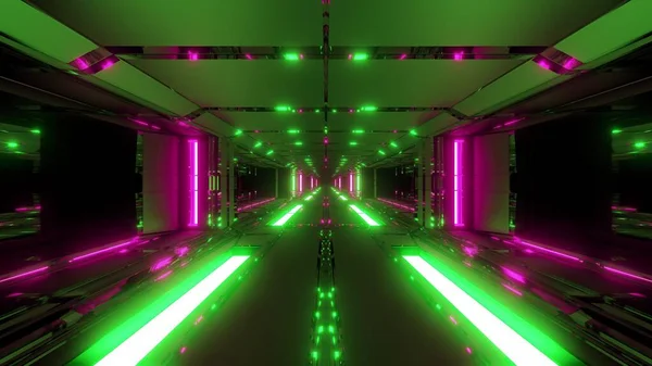 无限的未来主义科幻小说空间隧道走廊空间机库3D插图背景墙纸热金属 未来科幻小说建筑3D渲染 — 图库照片