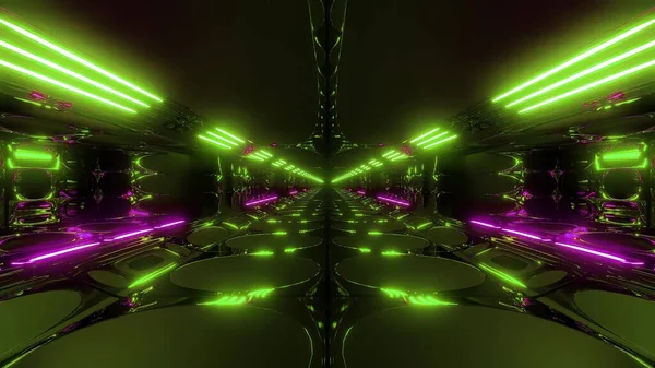 Eindeloze Abstracte Alien Scifi Tunnel Corridor Met Gloeiende Lichten Reflecties — Stockfoto