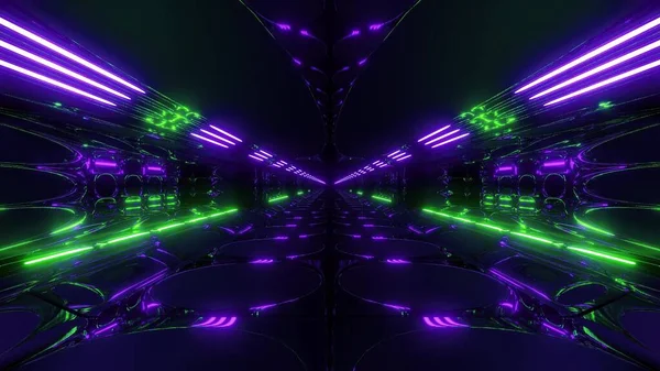 Endlose Abstrakte Alien Scifi Tunnelkorridor Mit Glühenden Lichtern Und Reflexionen — Stockfoto