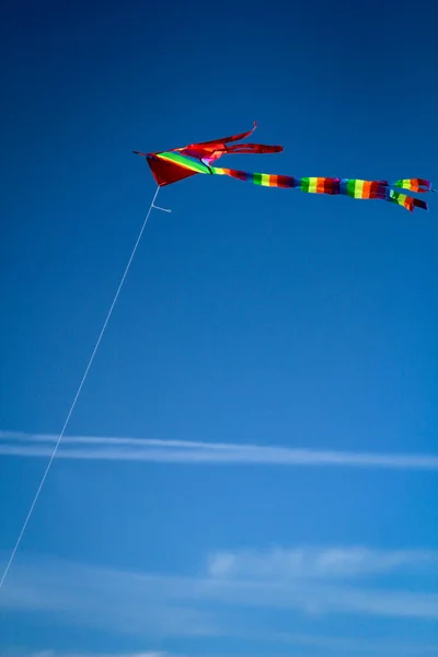 Uma Pipa Voadora Céu Crianças Adultos Desfrutar Desta Atividade Lazer — Fotografia de Stock