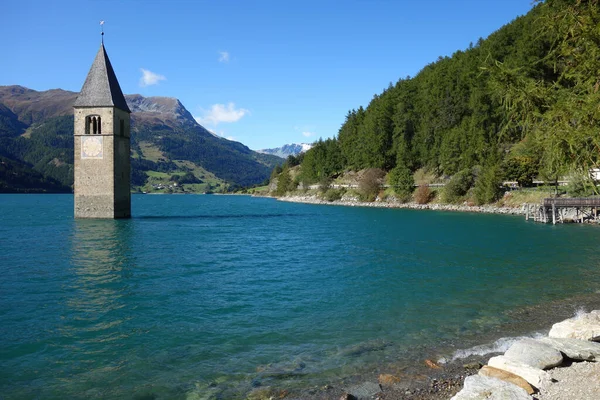 Clocher Ancienne Église Paroissiale Sainte Katharina Reschensee Tyrol Sud — Photo