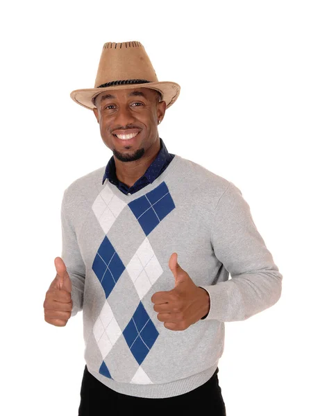 Handsome Young African American Man Standing His Thumps Sweater Cowboy — Stock Photo, Image