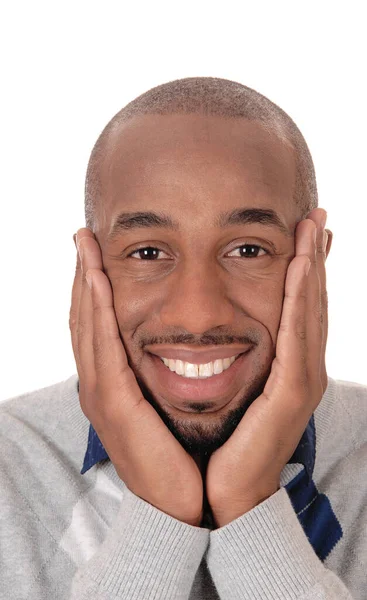 Hombre Afroamericano Bien Parecido Primer Plano Sosteniendo Cara Sus Manos — Foto de Stock