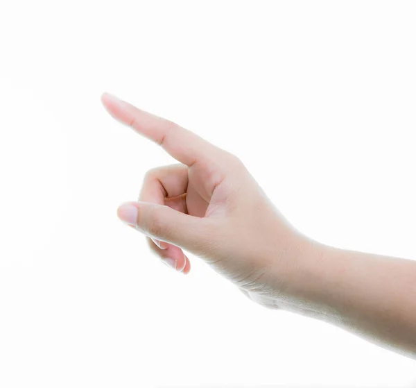 Mão Mulher Mostrando Algo Fundo Branco — Fotografia de Stock