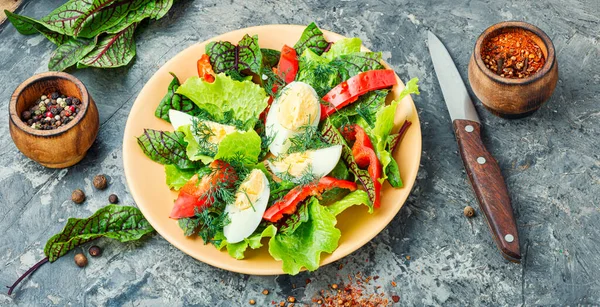 Salada Dieta Primavera Com Verduras Ovos Salada Verde Mista Fresca — Fotografia de Stock