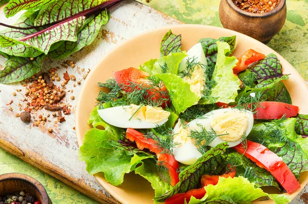 春季饮食沙拉配上蔬菜和鸡蛋新鲜的混合绿色沙拉配上鸡蛋 — 图库照片