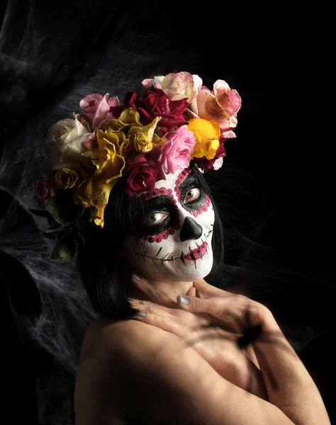 Young Beautiful Girl Traditional Mexican Death Mask Calavera Catrina Sugar — Stock Photo, Image