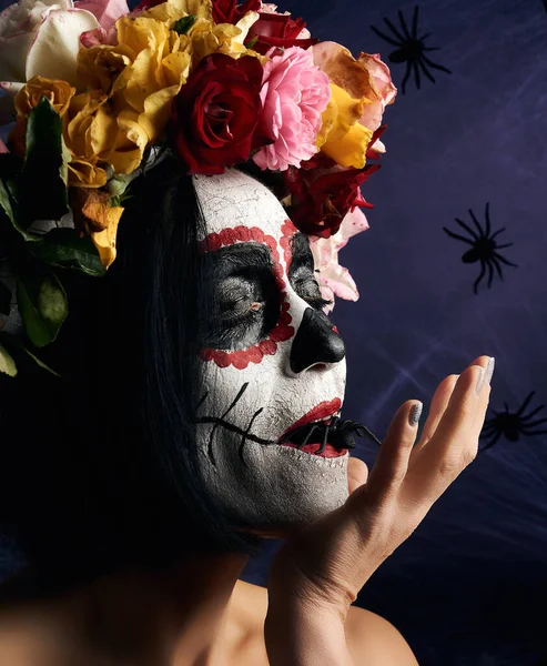 Young Beautiful Girl Traditional Mexican Death Mask Calavera Catrina Sugar — Stock Photo, Image