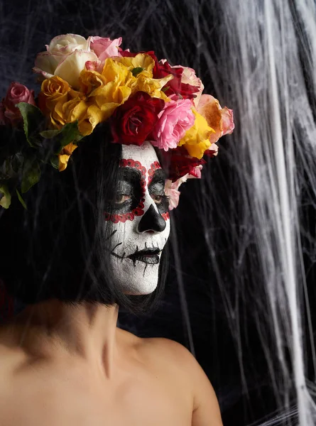 Young Beautiful Girl Traditional Mexican Death Mask Calavera Catrina Sugar — Stock Photo, Image