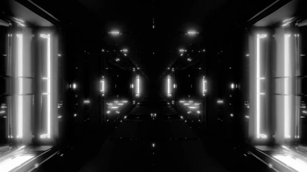 クリーンな未来のSfii宇宙トンネル廊下とともに熱い光るライト3Dレンダリング背景壁紙 クールなライト3Dイラストと将来のSfii宇宙船トンネル — ストック写真
