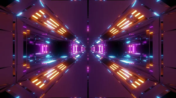 未来的な高反射Sf宇宙トンネル廊下3Dイラスト壁紙背景光るライト 未来の建物の3Dレンダリングアーキテクチャ設計 — ストック写真