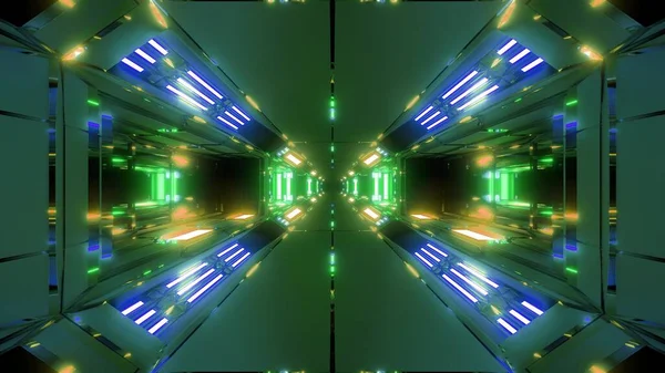 未来的高反光科幻空间隧道走廊3D插图墙纸背景灯 未来的建筑3D渲染建筑设计 — 图库照片