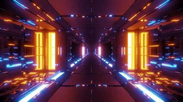 未来の金属Sf空間トンネル廊下3Dイラスト壁紙背景輝く光と反射 未来のScfi建物3Dレンダリングアーキテクチャ設計 — ストック写真