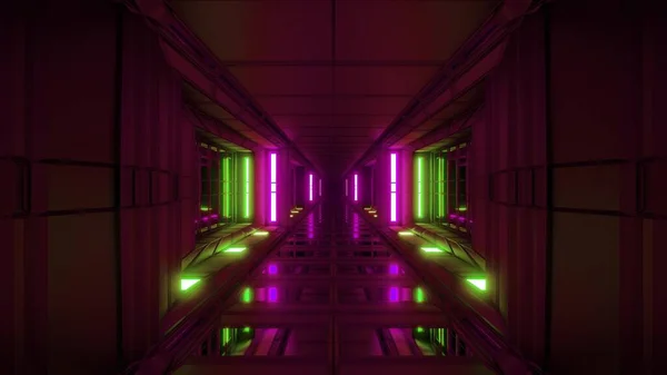 きれいな未来的なScifiトンネル廊下で素敵な反射3Dレンダリング背景壁紙 将来のScifi宇宙船トンネル3Dイラスト — ストック写真