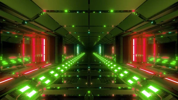 未来的なScifi金属トンネル廊下で素敵な輝くライト3Dレンダリング背景壁紙 将来のScifiスペースの建物の3Dイラスト — ストック写真