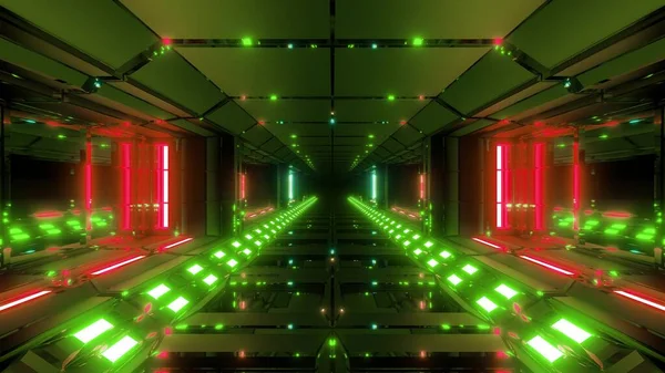 Fütürist Bilimkurgu Metal Tünel Koridoru Güzel Parlayan Işıklar Arka Planda — Stok fotoğraf