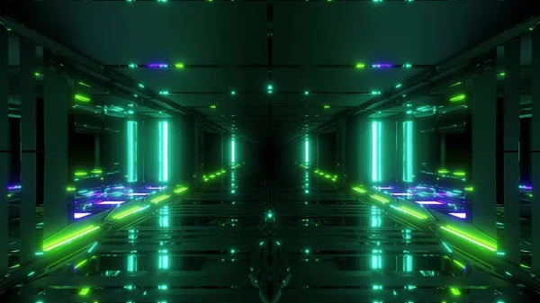 ガラス底のライトと未来的なScifi金属寺トンネル廊下3Dレンダリングの背景壁紙 将来のScifi宇宙宗教建物の3Dイラスト — ストック写真