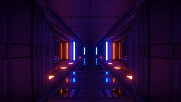 清晰的未来科幻隧道走廊与精美的反光3D渲染背景墙纸 未来科幻飞船隧道3D插图 — 图库照片