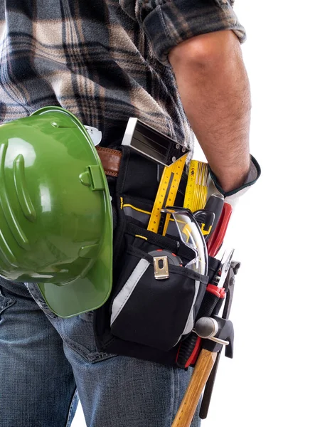 Rear View Carpenter Isolated White Background Wearing Leather Work Gloves — Stock Photo, Image