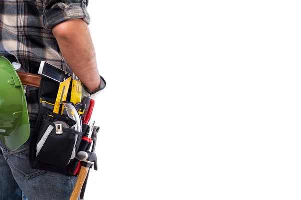 Rear View Carpenter Isolated White Background Wearing Leather Work Gloves — Stock Photo, Image