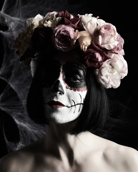 Beautiful Girl Traditional Mexican Death Mask Calavera Catrina Sugar Skull — Stock Photo, Image