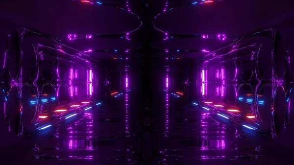 未来派科幻小说外星飞机库隧道3D图解玻璃底部和精美的反光壁纸背景 未来科幻小说太空飞船3D渲染 — 图库照片
