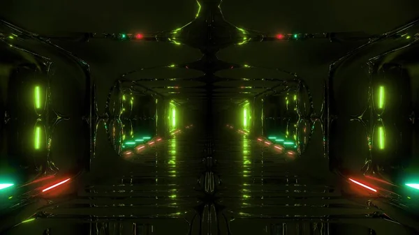 Futuristic Scifi Fantasy Alien Hangar Tunnel Corridor Illustration Glass Bottom — Stock Photo, Image