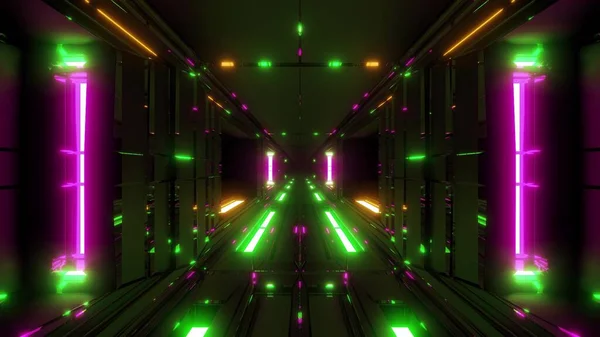 未来派科幻小说风格的飞机库隧道走廊与热金属窃取和漂亮的反思3D渲染背景墙纸 现代未来3D插图建筑 — 图库照片