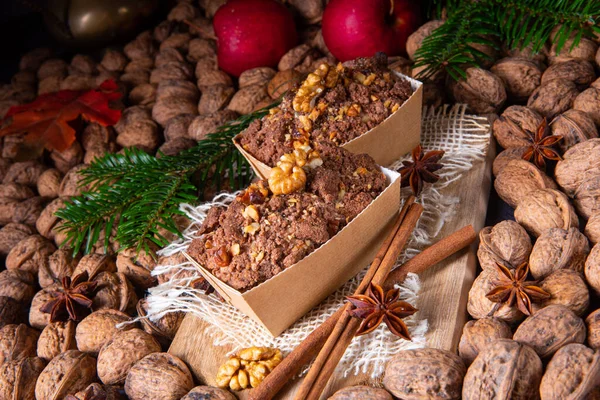 Christmas Composition Nuts Cinnamon Anise Pine Cones Fir Tree Spices — Stock Photo, Image